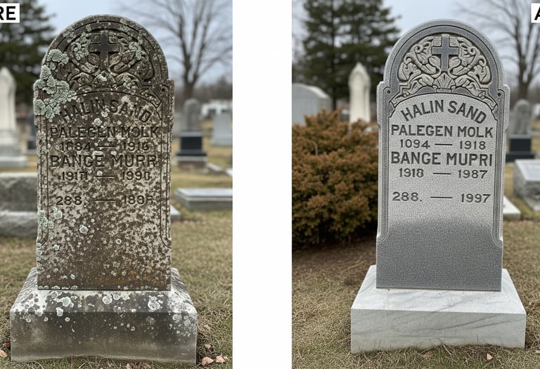 Before and after picture of cleaned headstones
