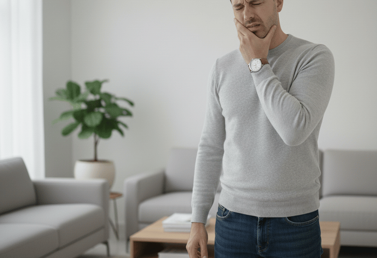 Hombre sufriendo de dolor dental o mandibular, con la mano en la mejilla buscando alivio