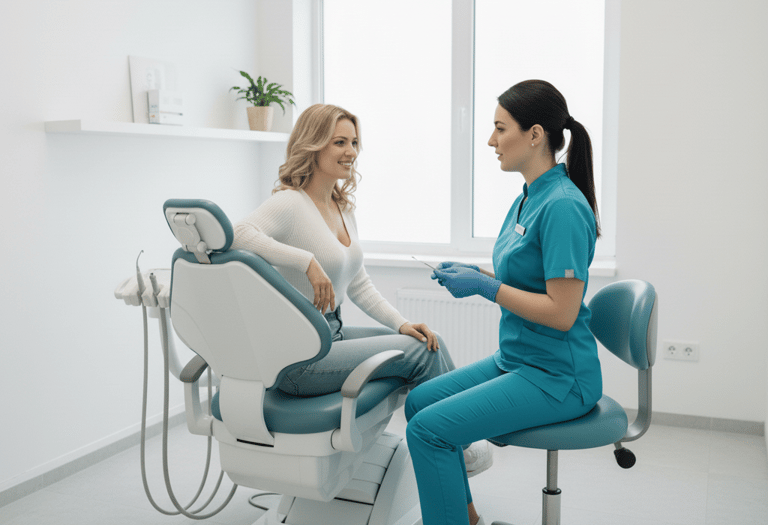 Una dentista conversando amistosamente con una paciente rubia sentada en el sillón dental
