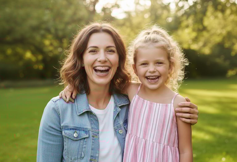 Una madre y su hija sonriendo y mostrando sus aparatos de ortodoncia, abrazándose en un parque
