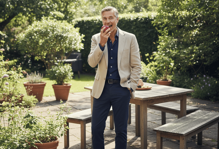 Un hombre sonriente y feliz muerde una manzana roja fresca en un jardín