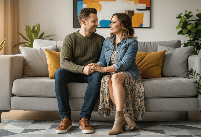 "Una pareja feliz y sonriente sentada en un sofá, mirándose con cariño y tomados de la mano