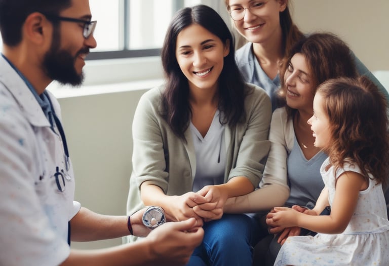 A diverse group of volunteers assisting newcomers in a community health setting.