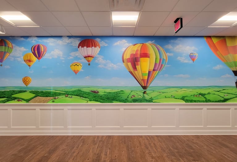 bespoke mural of hot air balloons by marcine for a residential adult facility in warrren, nj