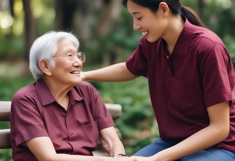 A caregiver assisting a senior in a cozy home setting.