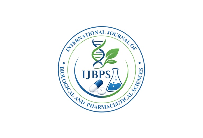 International Journal of Biological and Pharmaceutical Sciences IJBPS logo with DNA, leaves, and lab equipment.