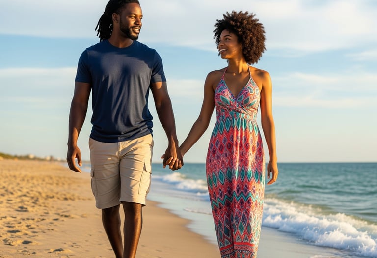 man woman walking beach