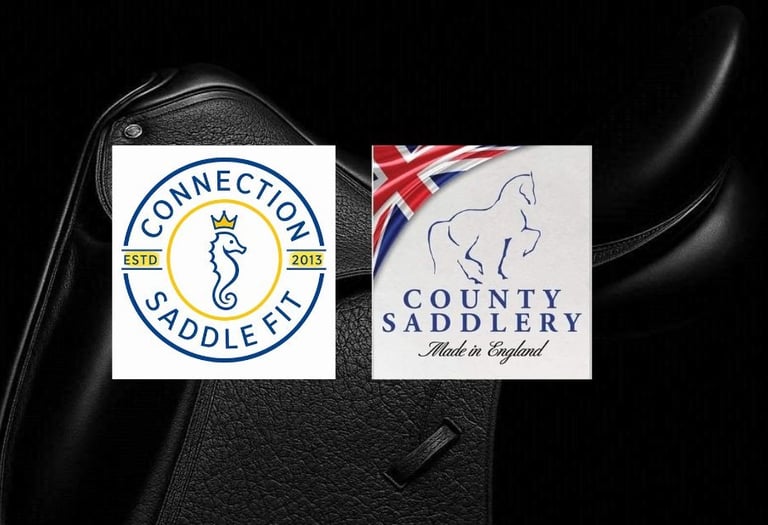 A black dressage saddle with both the connection saddle fit logo and County