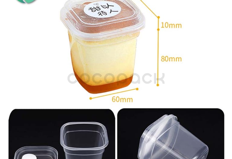 Clear square plastic dessert cups with lids and dimensions for pudding or mousse packaging.