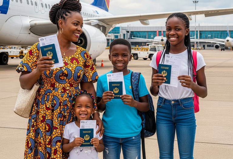 a woman and two children are standing in front of a plane