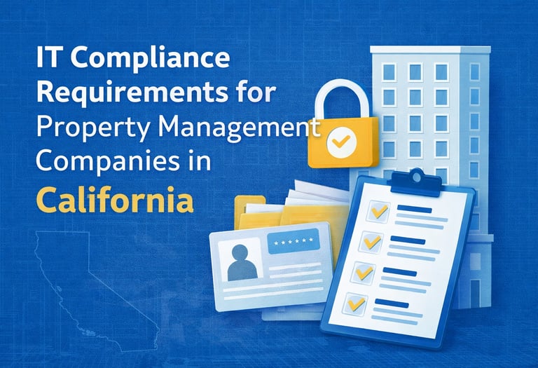 IT compliance requirements for property management in California with data security icons.