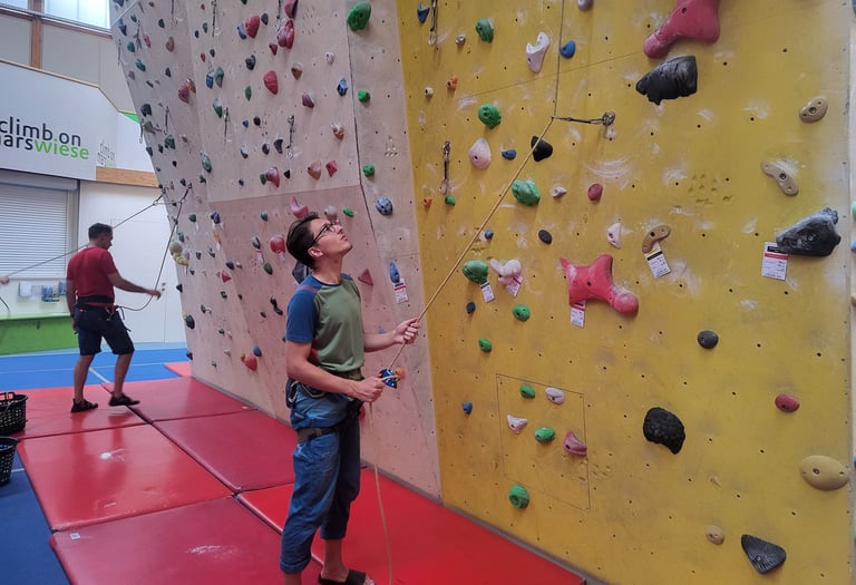 Participant belaying their partner in a lead climbing course in Vienna
