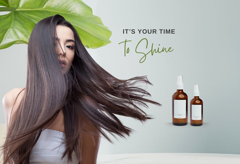 Woman with long shiny brown hair next to organic hair serum bottles for healthy hair care.