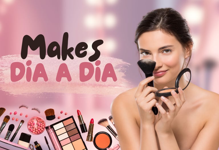 A woman applying face powder with a brush surrounded by a professional makeup kit and cosmetics.