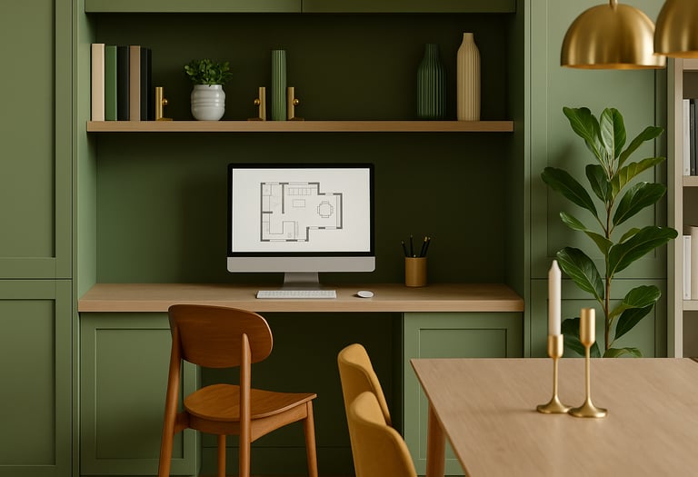 Escrivaninha sob medida em tons verdes, criando um ambiente de home office lindo, autentico