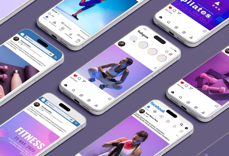 Mockup post social coordinati per brand fitness.