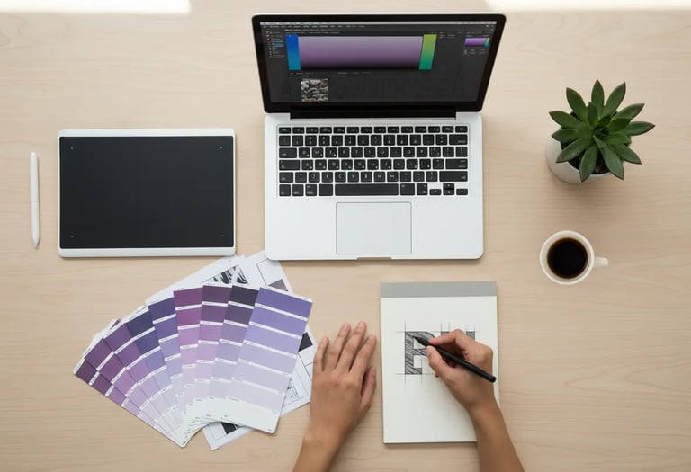 Postazione studio branding con palette colori e disegno logo.