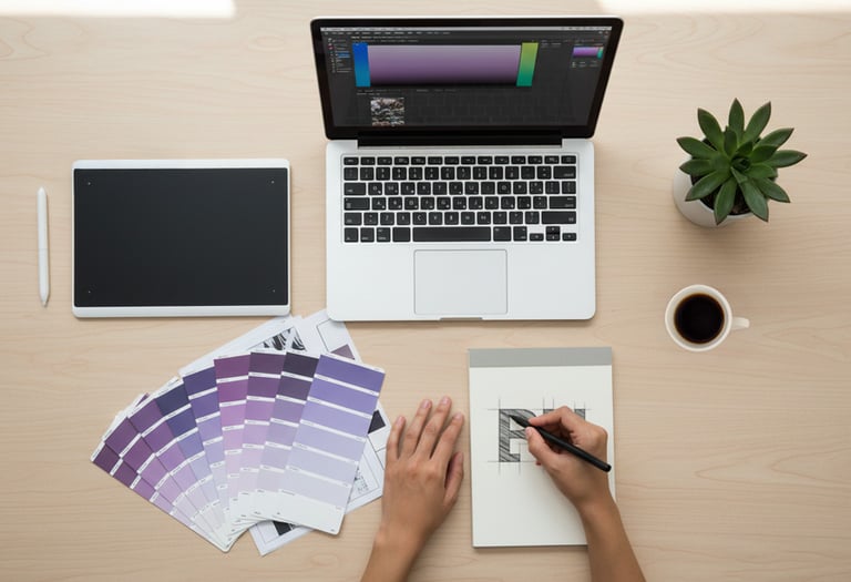 Scrivania di una graphic designer che lavora a una brand identity con palette colori, laptop e bozze