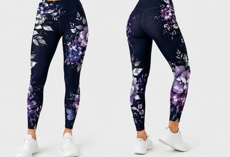 "Custom floral leggings mockup showing front and back views on a clean white background."