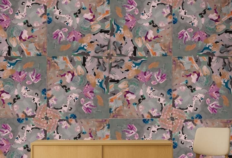 Mid-century furniture in front of hand-painted wallpaper mural with grey and red, by House of Lyria