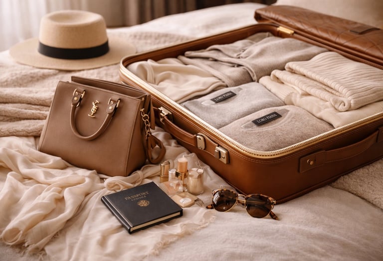 Luxury travel packing with leather suitcase, designer handbag and neutral clothing.