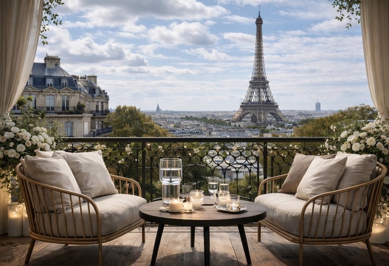 Luxury Paris balcony view with Eiffel Tower in daytime.