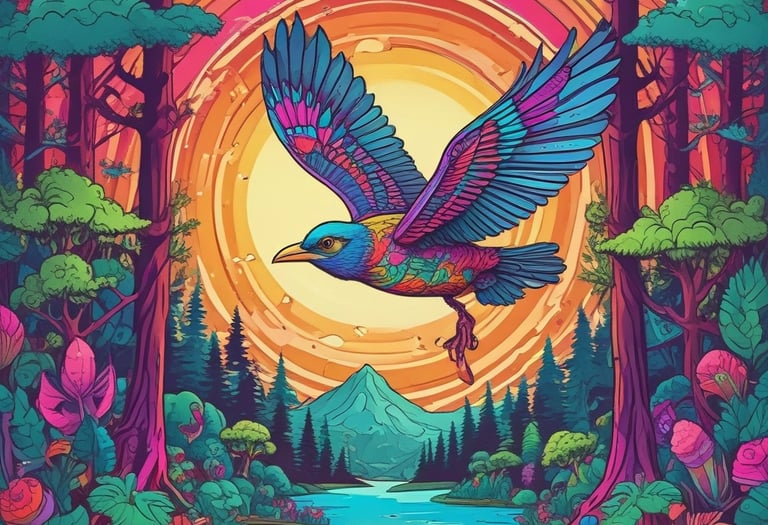 Vibrant psychedelic illustration of a colorful bird flying over a mountain lake in a surreal forest.