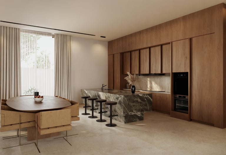 A kitchen with wooden cabinetry, a marble-topped island with black stools, and a wooden dining table