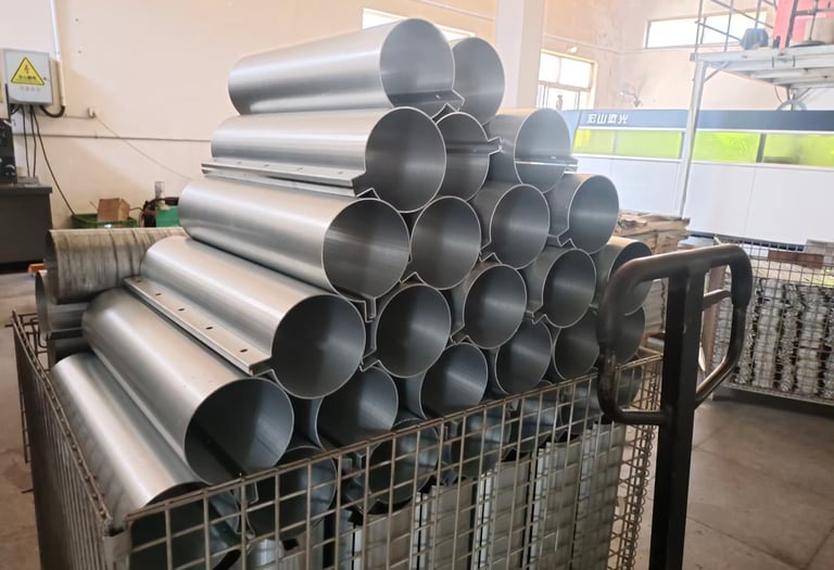 Stack of hollow aluminum tubes bending metal fabrication factory.