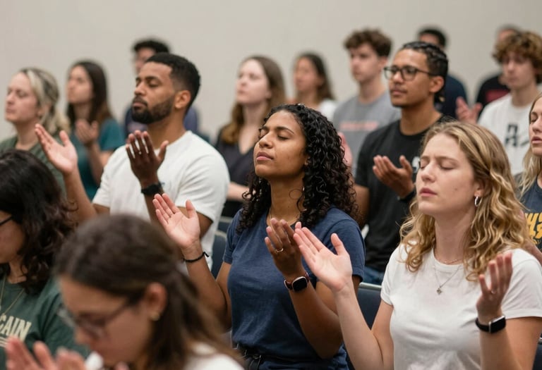 A warm gathering of diverse women and children sharing a moment of prayer and fellowship in a sunlit community room.