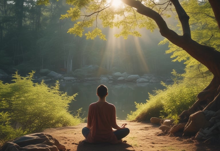 A tranquil scene of a person meditating in nature.