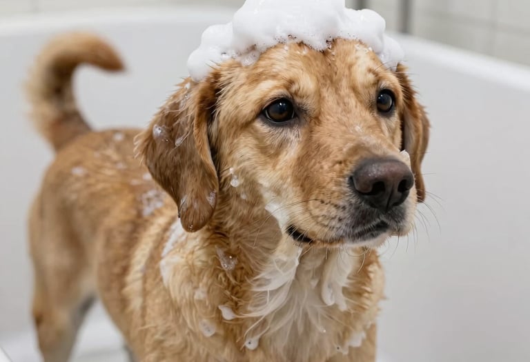A happy terrier getting a gentle bath inside a mobile grooming van.