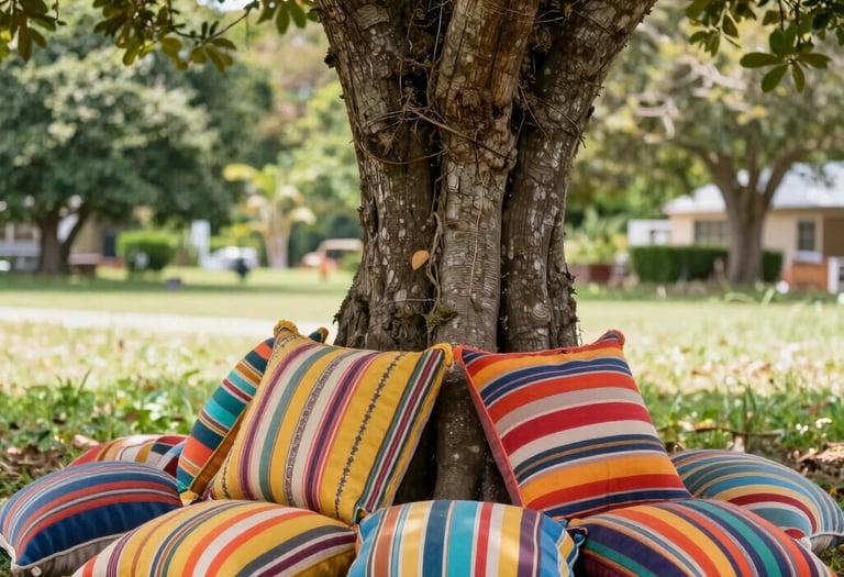 A collection of decorative linen cushions arranged on a wooden bench.