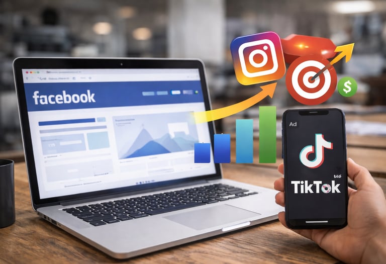 Social media paid advertising campaigns displayed on laptop and smartphone showing lead generation 