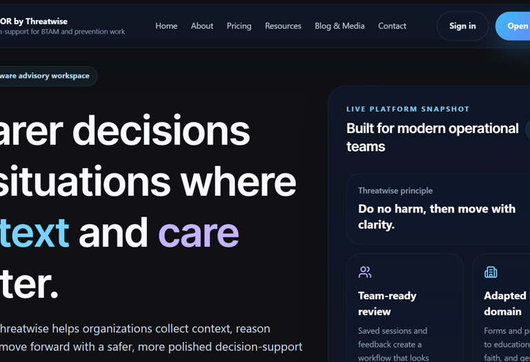 ADVISOR by Threatwise website interface showing decision-support tools for operational teams.