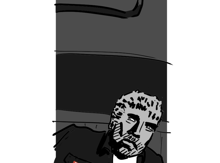 Wayne kijkt gespannen in achteruitkijkspiegel, zwart-wit noir graphic novel print.