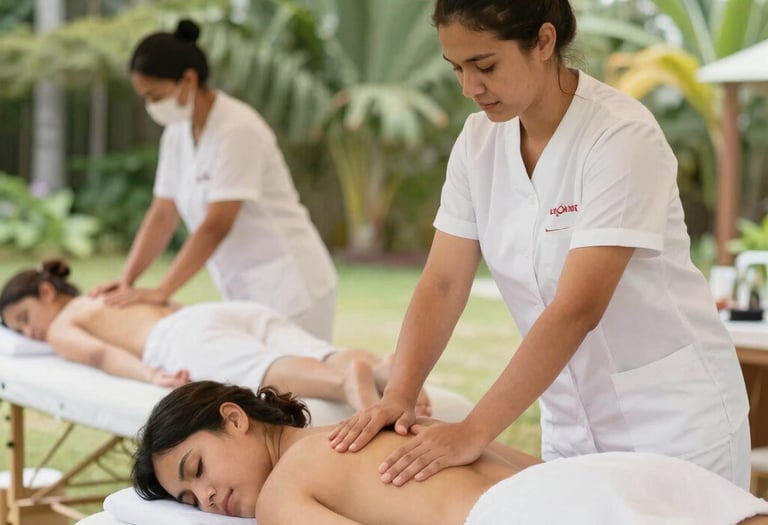 Therapist providing chair massage to a corporate employee in a sleek black and gold uniform.