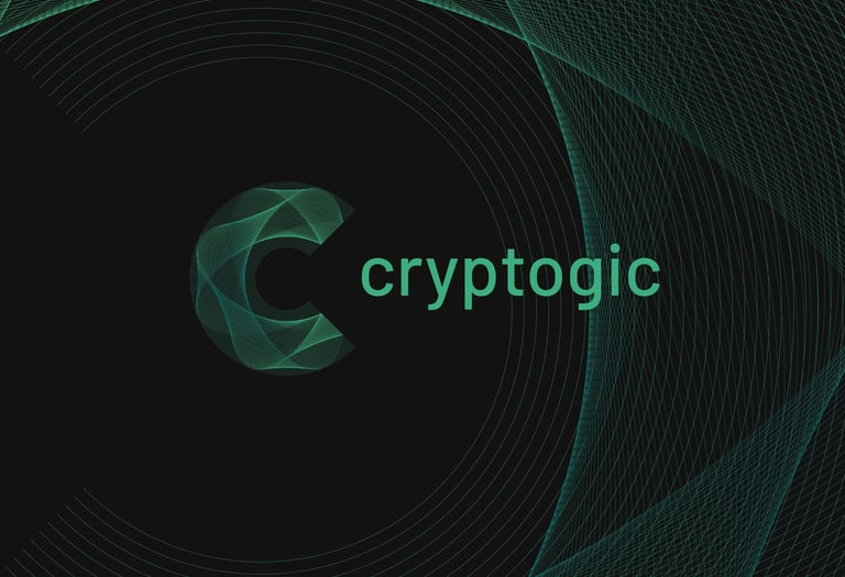 Cryptogic logo featuring a green geometric C icon on a dark digital background with mesh grid lines.