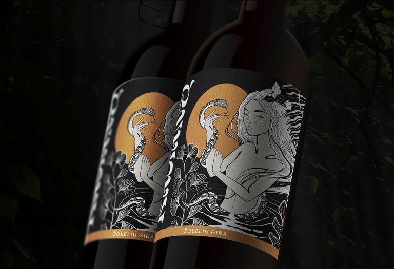 Two bottles of herbal kvass featuring artistic labels with a gold moon and snake illustration.