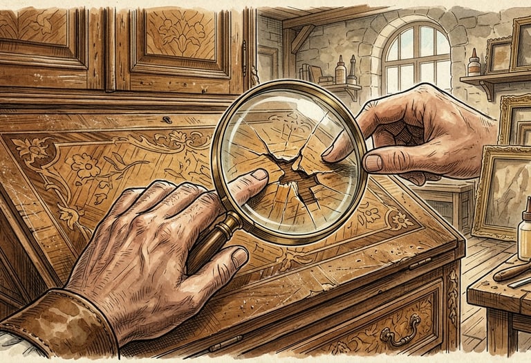 Examen et diagnostic d'un meuble ancien à l'atelier
