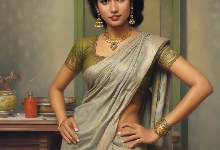 A warm, candid portrait of a Bengali housewife in traditional attire, set against a cozy Kolkata home backdrop.