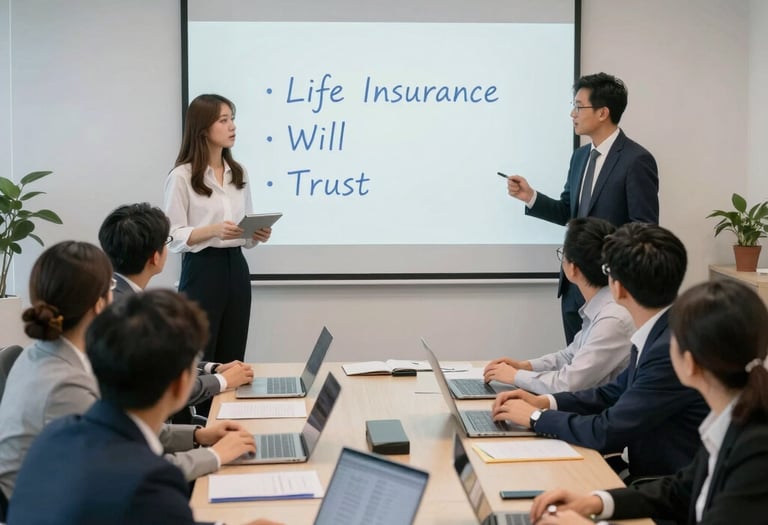 A friendly team of consultants discussing insurance plans with clients in a bright office.