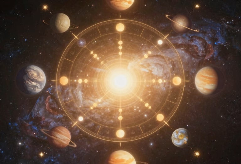 A serene golden-hued illustration of a traditional astrology chart glowing softly against a calm background.