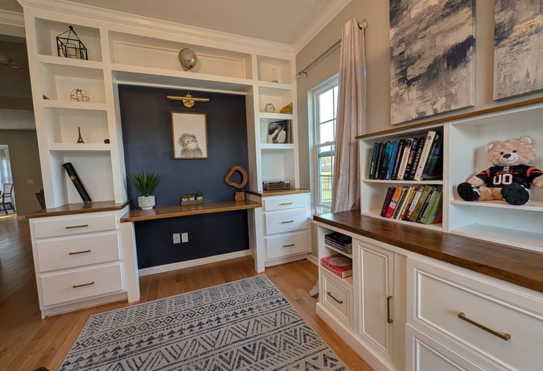 Finished custom home office built-in with shelving and desk Dayton OH