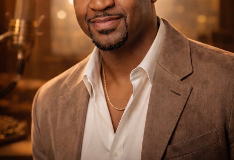 Portrait of Geraal Love wearing a blazer in a recording studio with a vintage microphone.