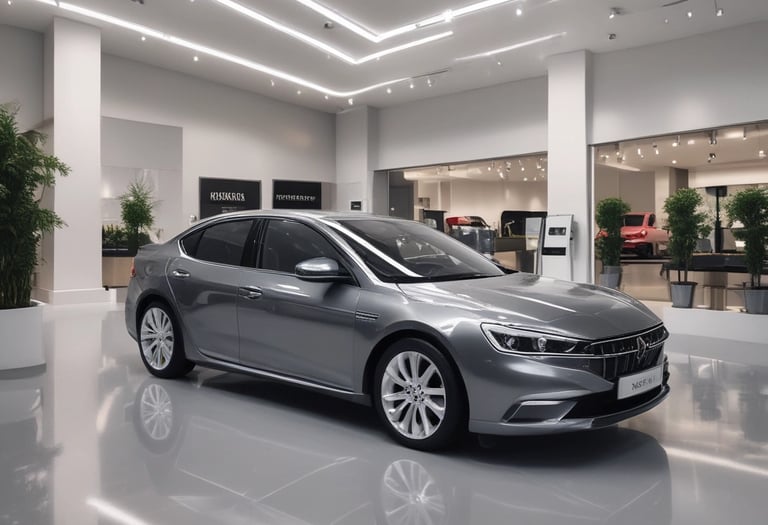 A luxury vehicle in a showroom setting, with a prominent front grille and sleek design. The environment is well-lit, showcasing multiple high-end cars on display.