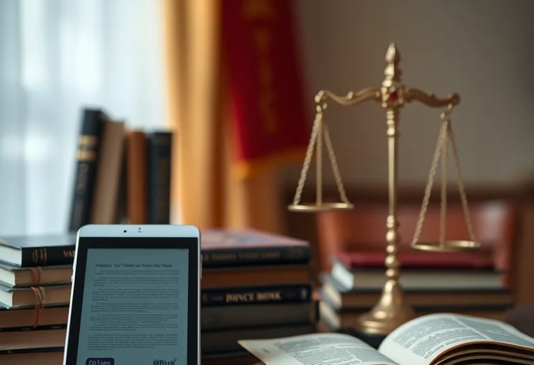 imagem de celular em uma mesa com livros e a balança da justiça