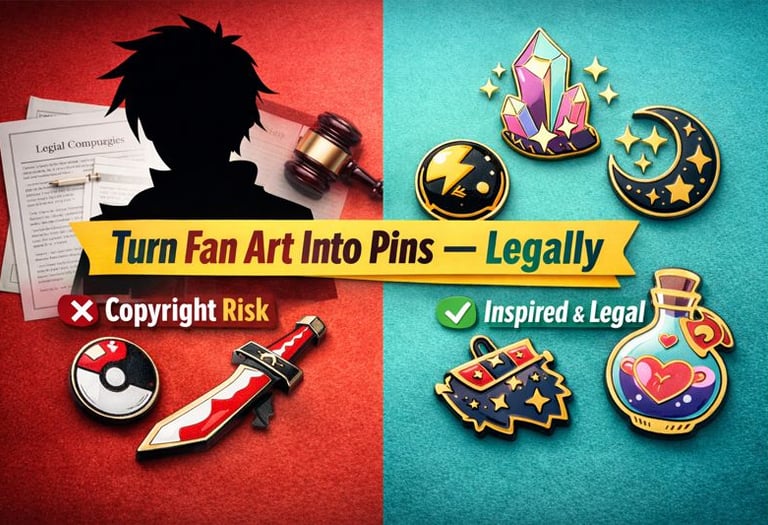 Comparison of fan art and legal inspired-by enamel pin designs