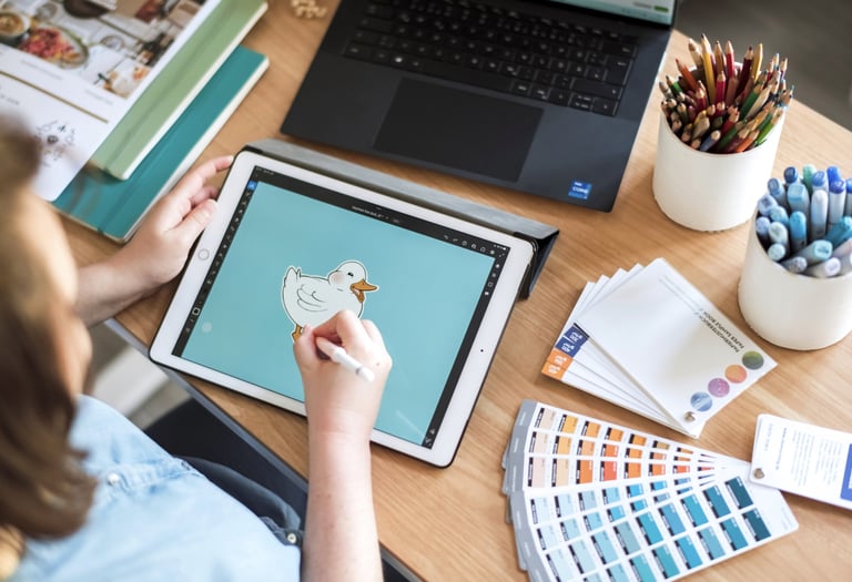 Arbeitsplatz mit Laptop, iPad, Farbkarten und Papierproben.