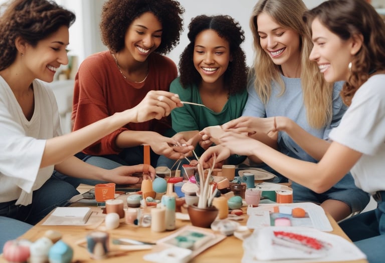 A large group of women appears to be engaged in a communal activity, with many raising their arms. Some are wearing floral crowns and there is a sense of togetherness and focus.